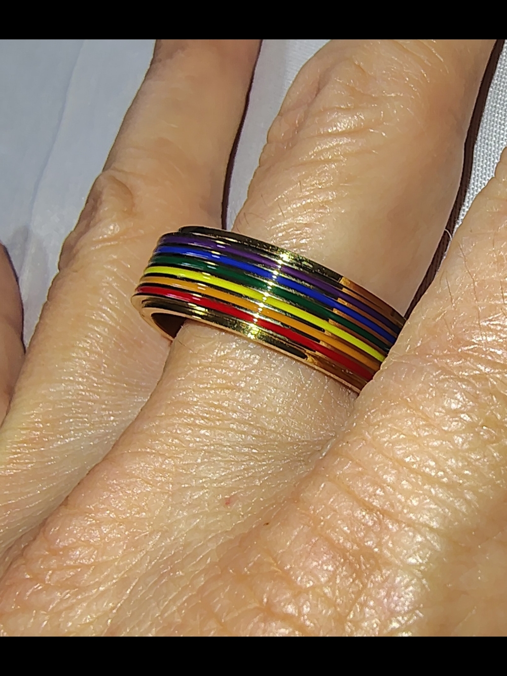 Size 12 Gold Plated Rainbow Stainless Steel LGBTQ+ Positive Spinning Fidget Ring